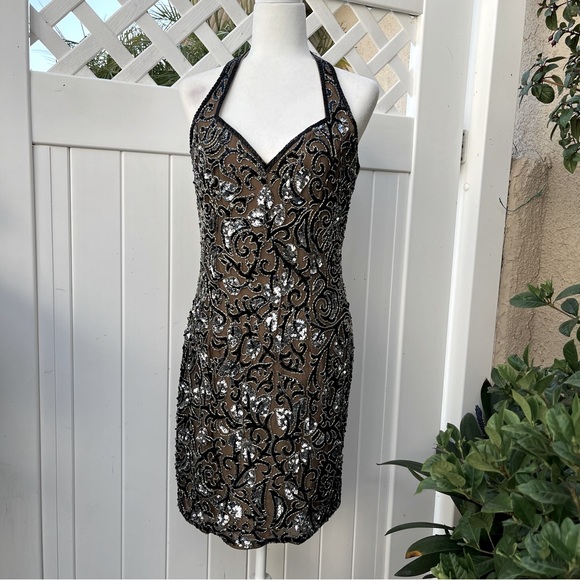 Vintage Oleg Cassini Black Tie Collection Silk Rhinestone Halter Dress Size 10 - Picture 4 of 15